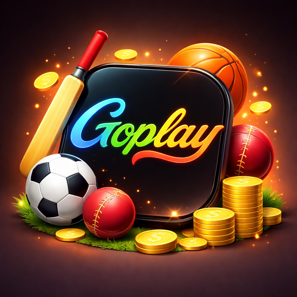 D GoPlay app logo with sports elements like cricket bat, football, basketball and gold coins