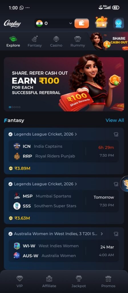 GoPlay11 fantasy sports gaming app interface on mobile screen