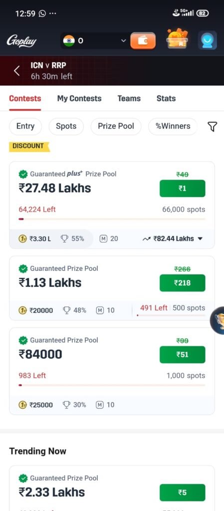 GoPlay11 fantasy sports gaming app interface on mobile screen